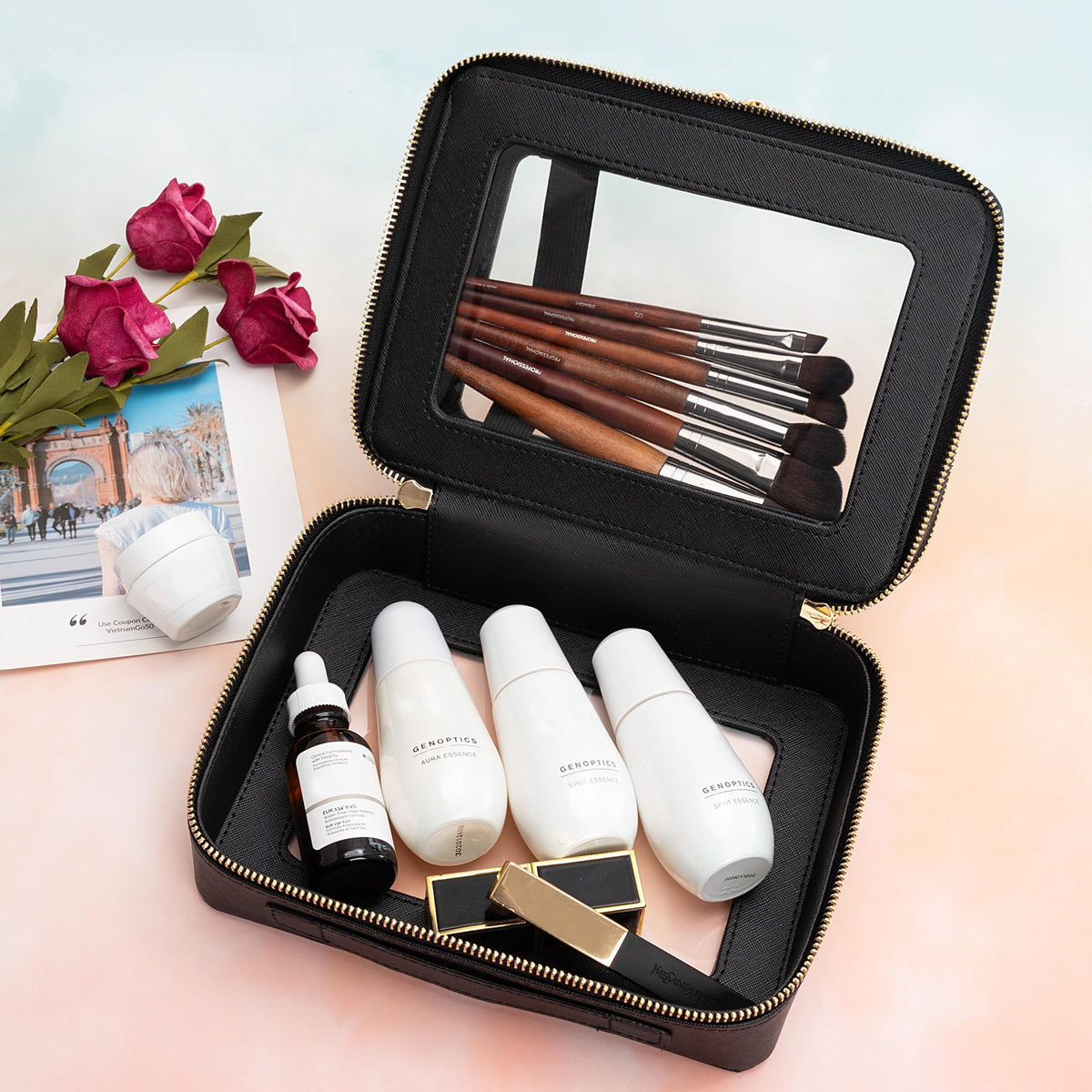 Aveniee Clear Makeup Bag with stylish saffiano PU leather