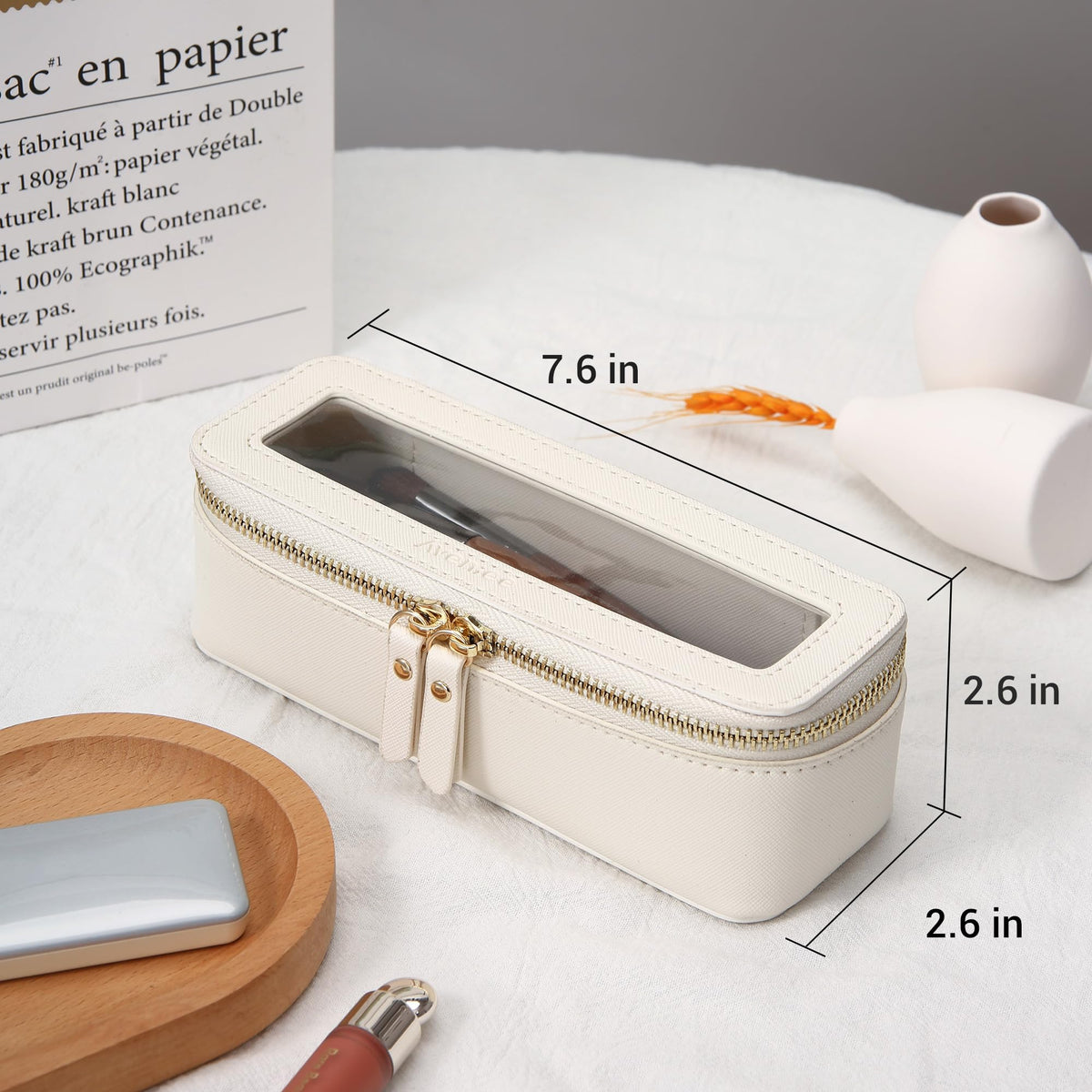 Aveniee Clear Makeup Brush Bag in a travel setting