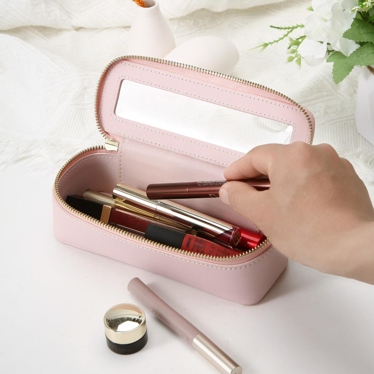 Aveniee Clear Makeup Brush Bag side view showing dual zippers