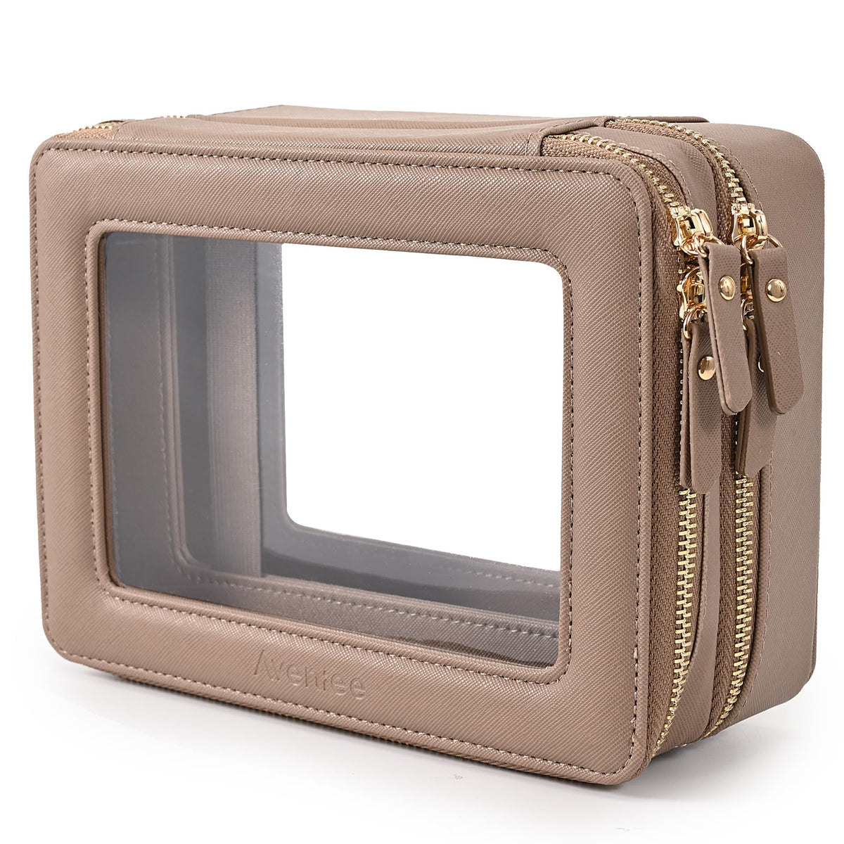 Aveniee Large Clear Makeup Bag front view in brown