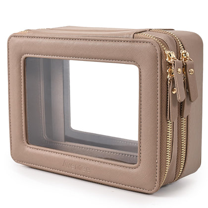 Aveniee Large Clear Makeup Bag front view in brown