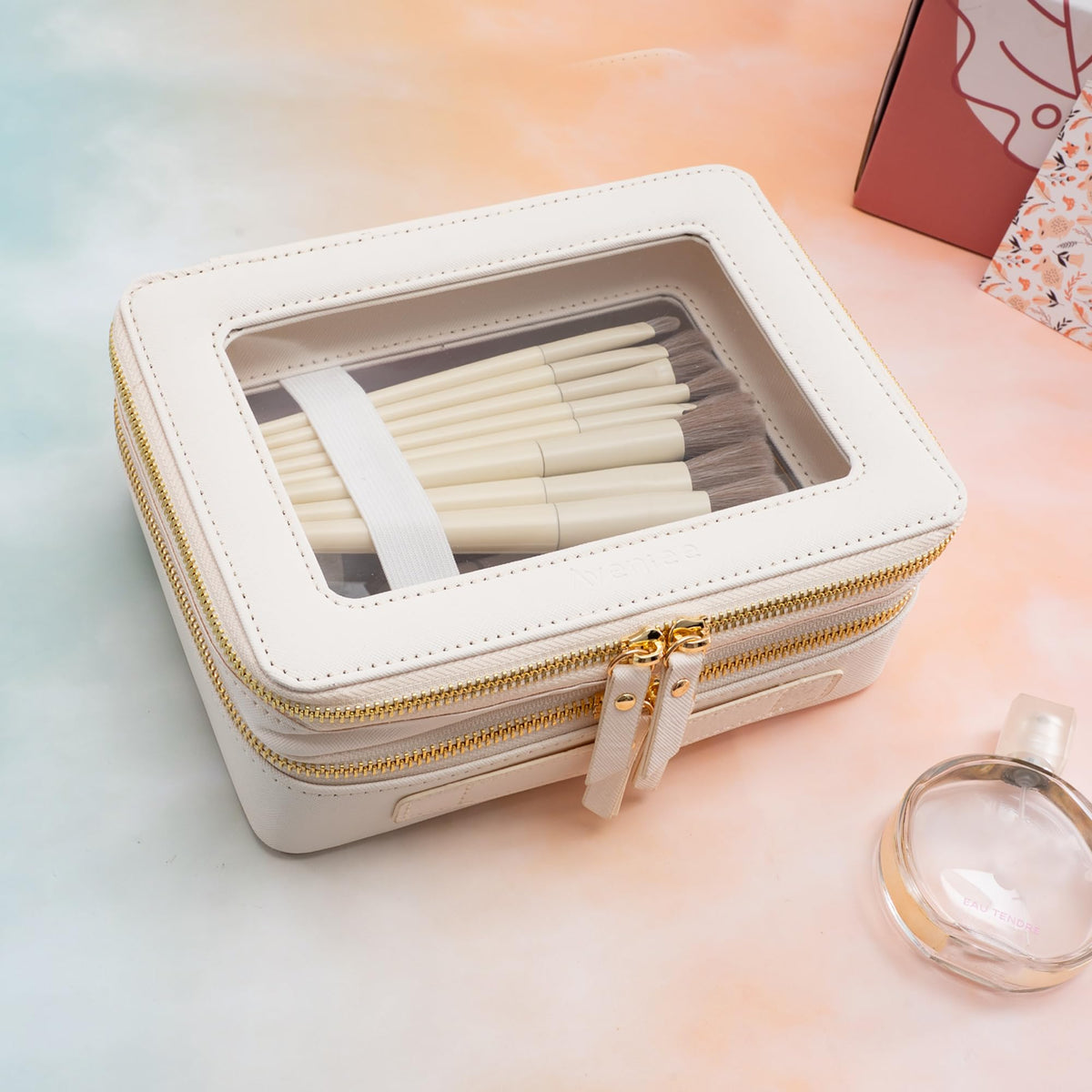 Aveniee Large Clear Makeup Bag in a travel setting with toiletries