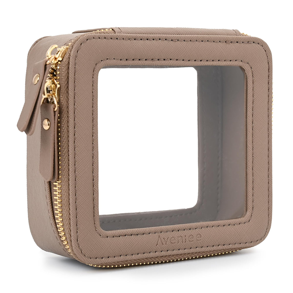 Aveniee Mini Clear Makeup Bag front view in taupe