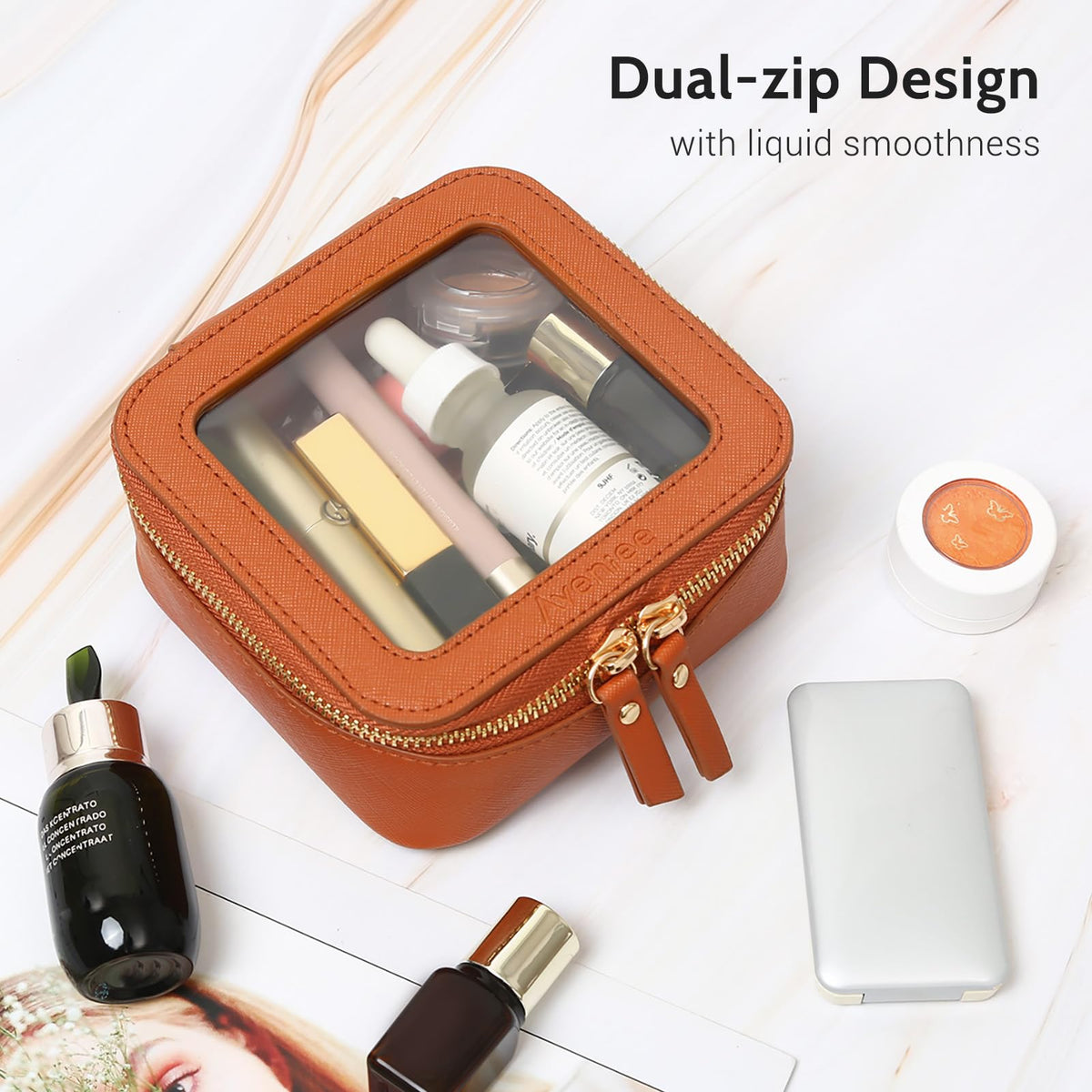 Aveniee Mini Clear Makeup Bag front view with polished hardware