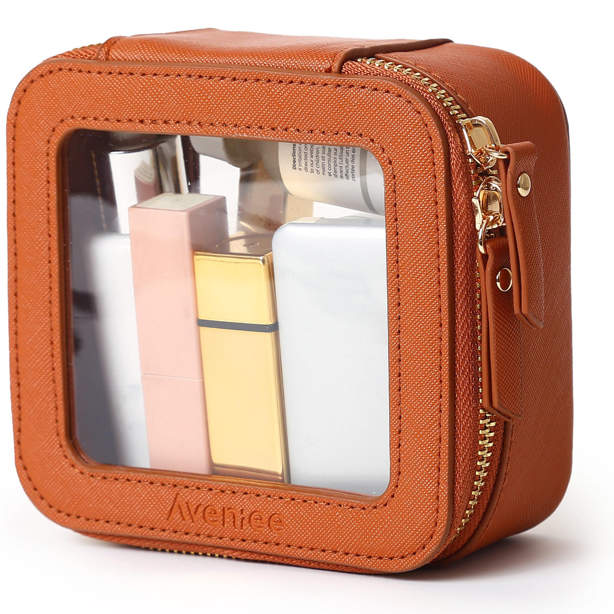 Aveniee Mini Clear Makeup Bag in brown with zipper open