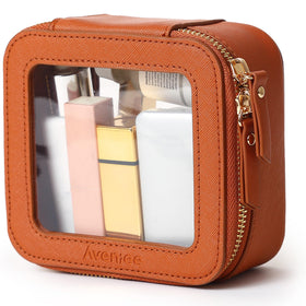 Aveniee Mini Clear Makeup Bag in brown with zipper open