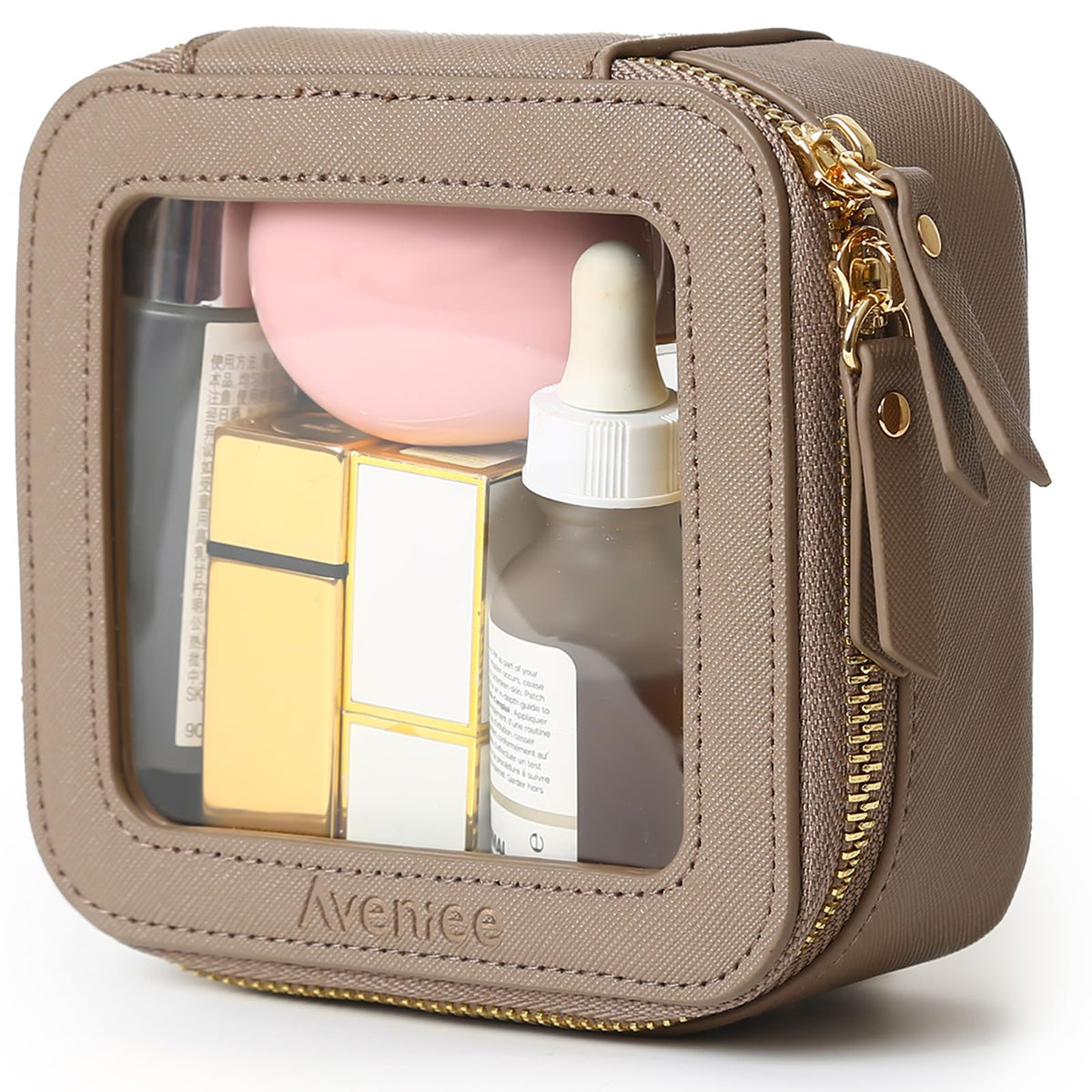 Aveniee Mini Clear Makeup Bag in taupe front view