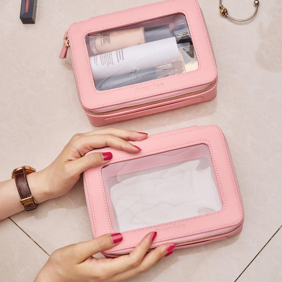 Aveniee small pink makeup bag with transparent panel