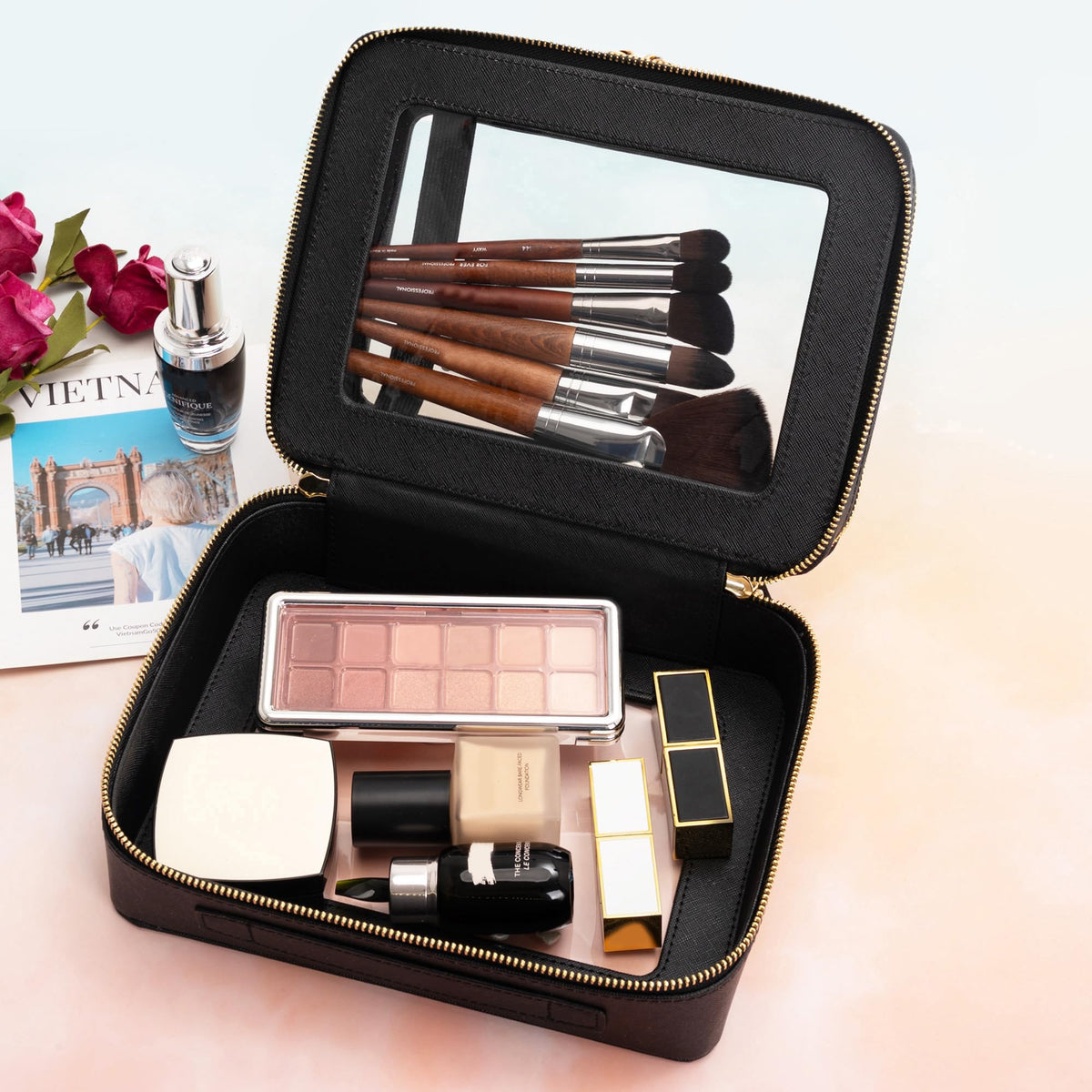 Aveniee XL Clear Makeup Organizer lower layer filled with cosmetics