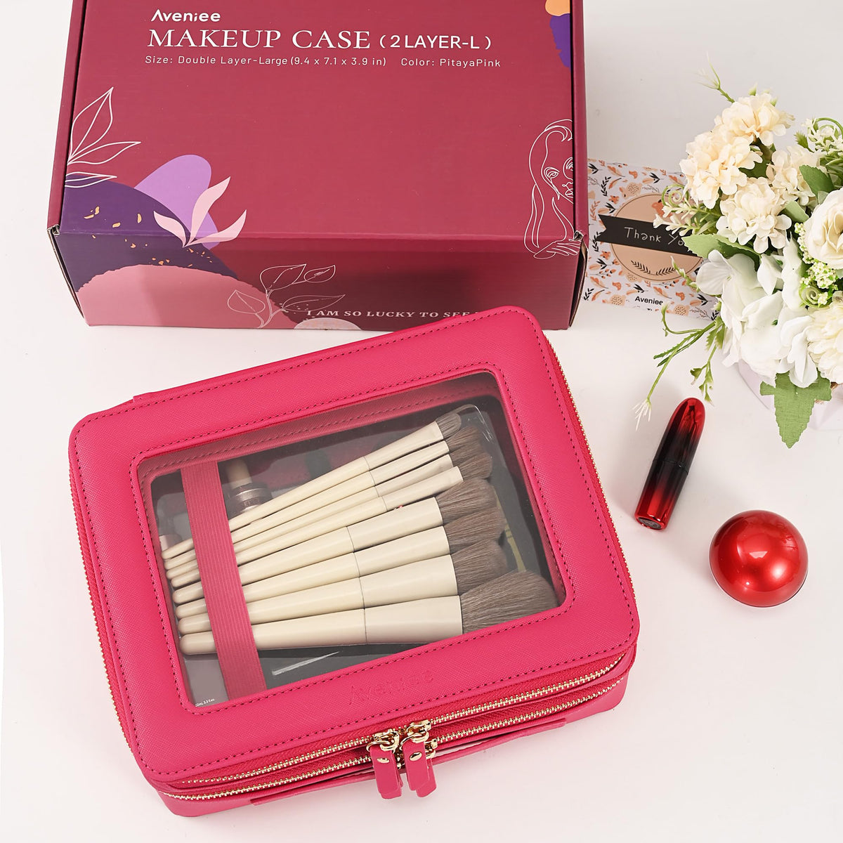 Aveniee XL Clear Makeup Organizer side view with zipper details