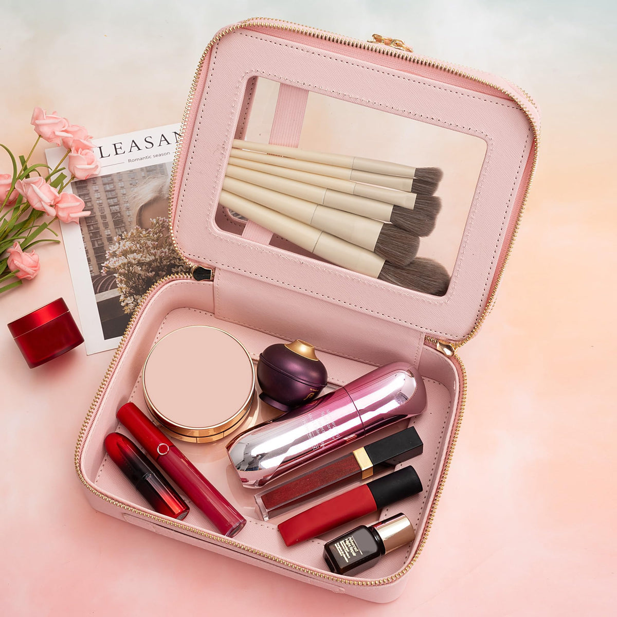 Aveniee XL Clear Makeup Organizer with makeup brushes and cosmetics