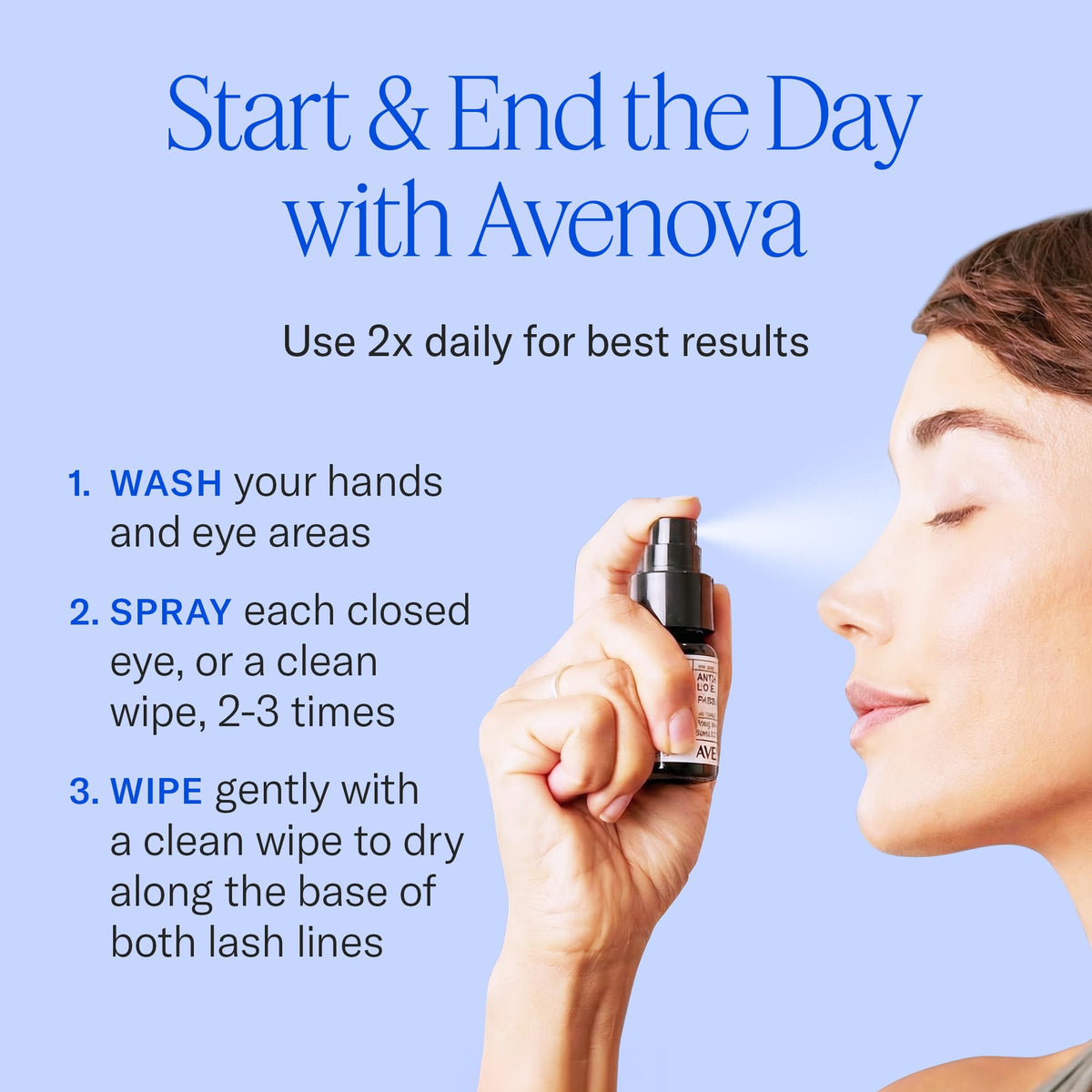 Avenova Eyelid Spray Cleanser 20 ml bottle in hand