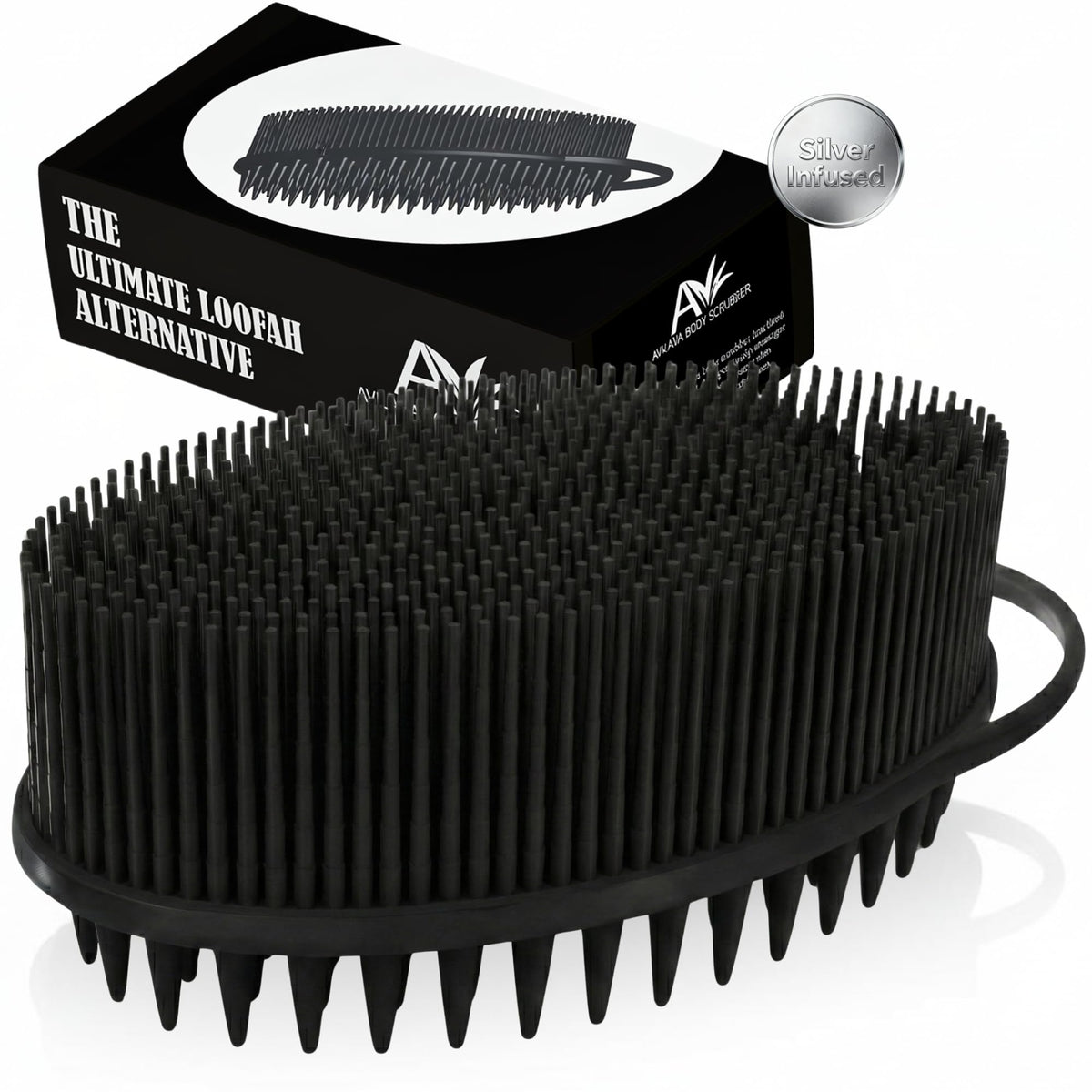 Avilana Silicone Body Scrubber front view in black-silver