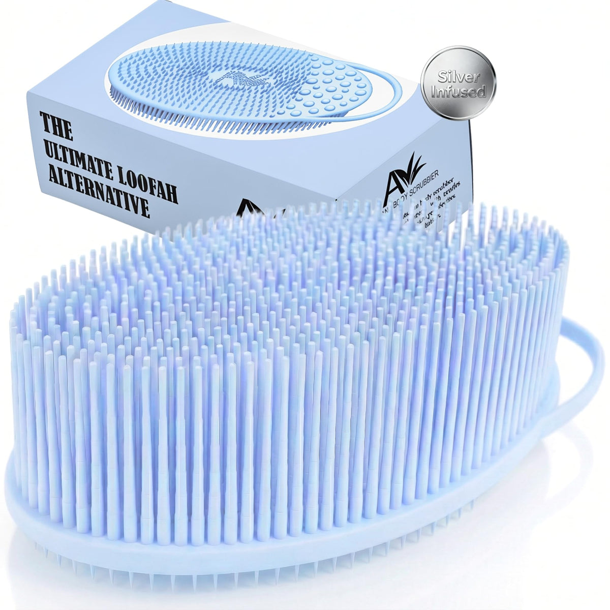 Avilana Silicone Body Scrubber front view in blue-silver