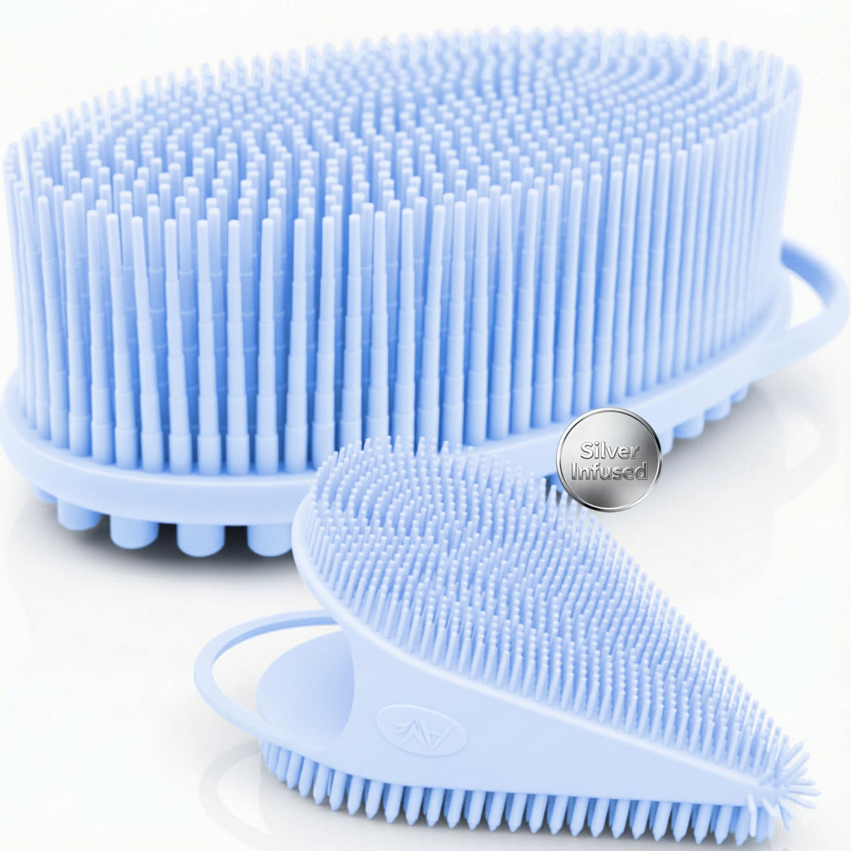 Avilana Silicone Body Scrubber front view in blue-silver