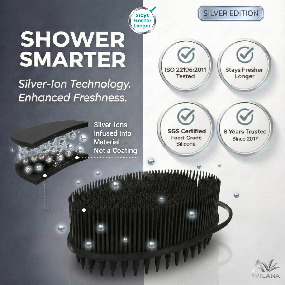 Avilana Silicone Body Scrubber with soft bristles for gentle cleansing