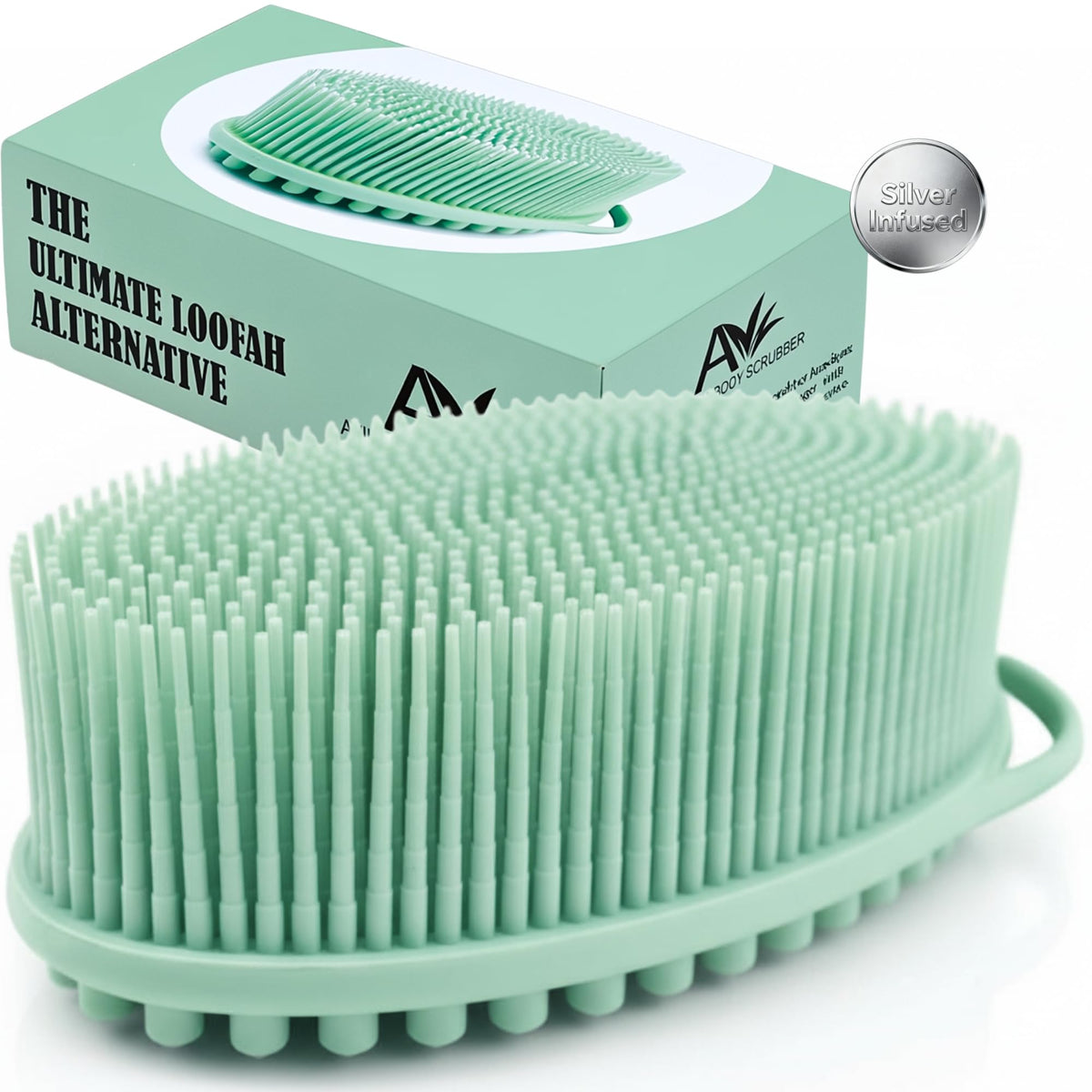 Avilana Silver Edition Body Scrubber front view, green-silver color