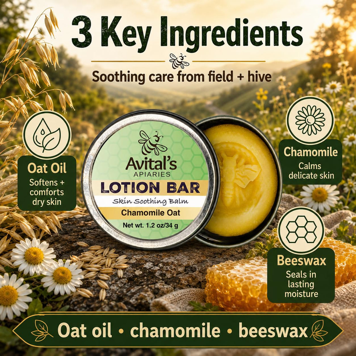 Avital's Apiaries Chamomile Oat Lotion Bar on a bathroom counter