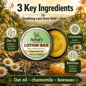 Avital's Apiaries Chamomile Oat Lotion Bar on a bathroom counter