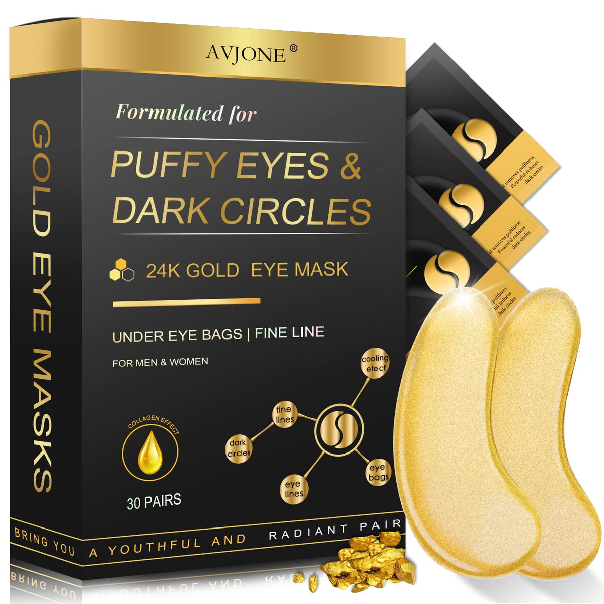 AVJONE 24K Gold Under Eye Patches front view packaging