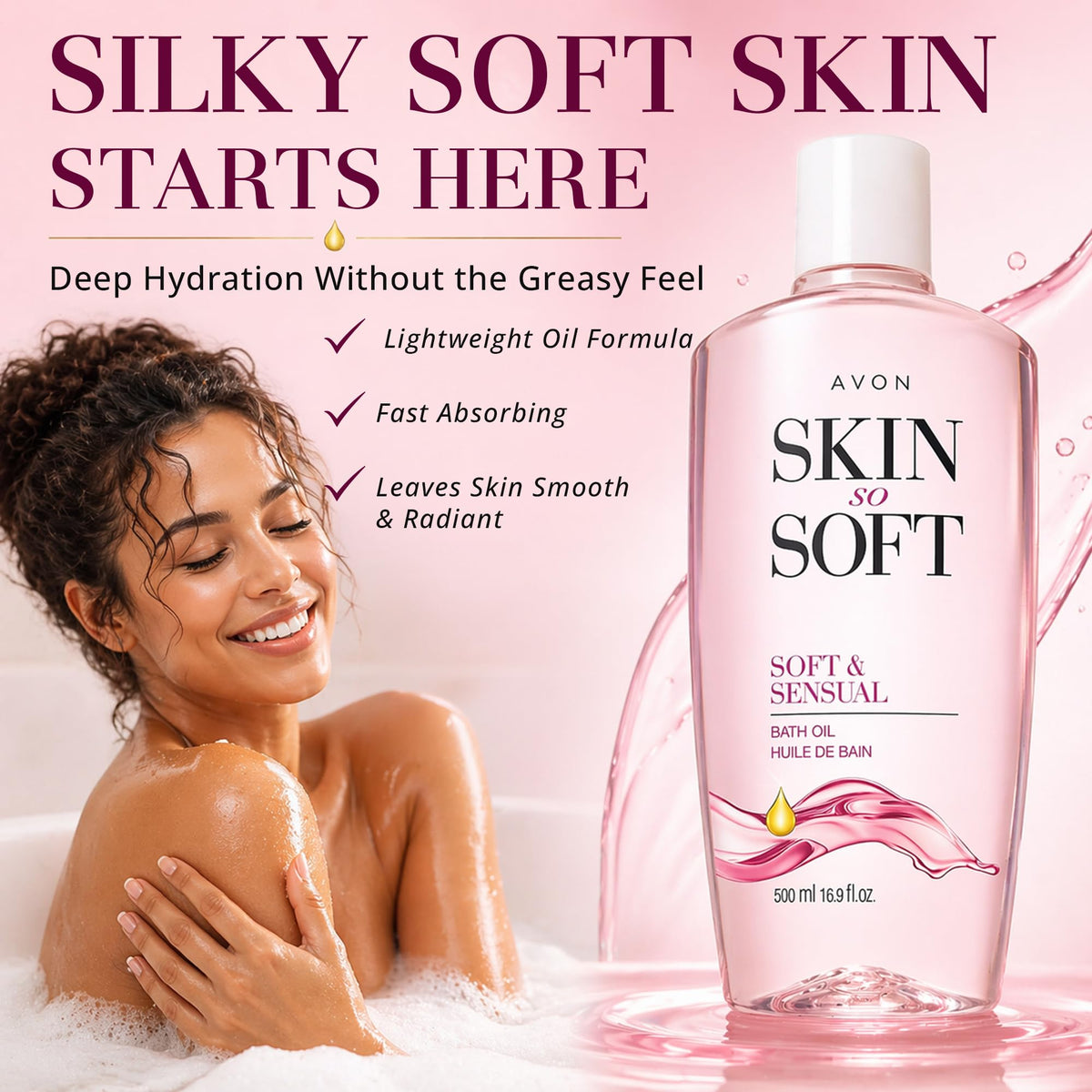 AVON Skin So Soft Bath Oil bottle with argan oil ingredient