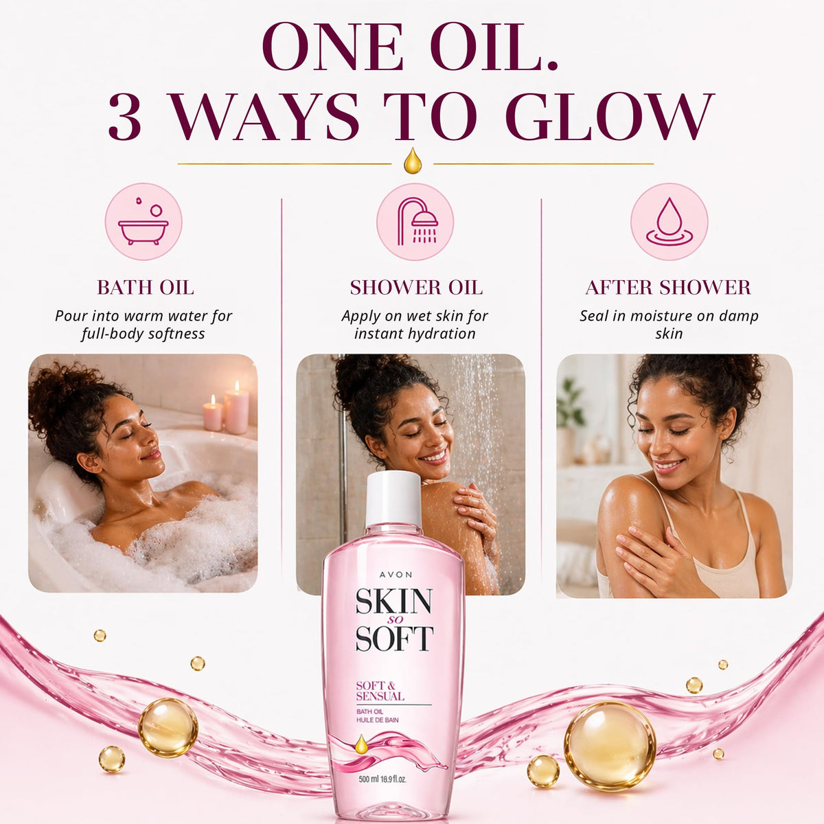 AVON Skin So Soft Bath Oil in a bathtub setting