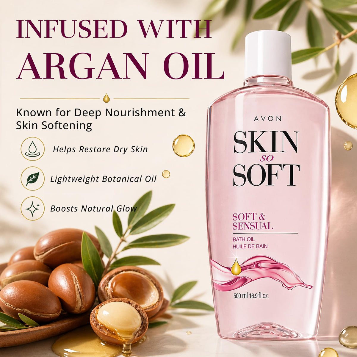 AVON Skin So Soft Bath Oil pouring onto wet skin