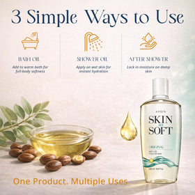 AVON Skin So Soft Original Bath Oil in a relaxing bath setting
