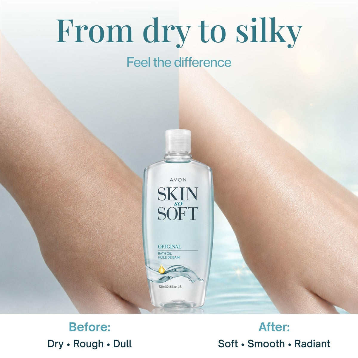 AVON Skin So Soft Original Bath Oil on a bathroom shelf