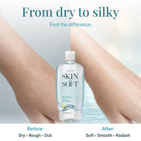 AVON Skin So Soft Original Bath Oil on a bathroom shelf