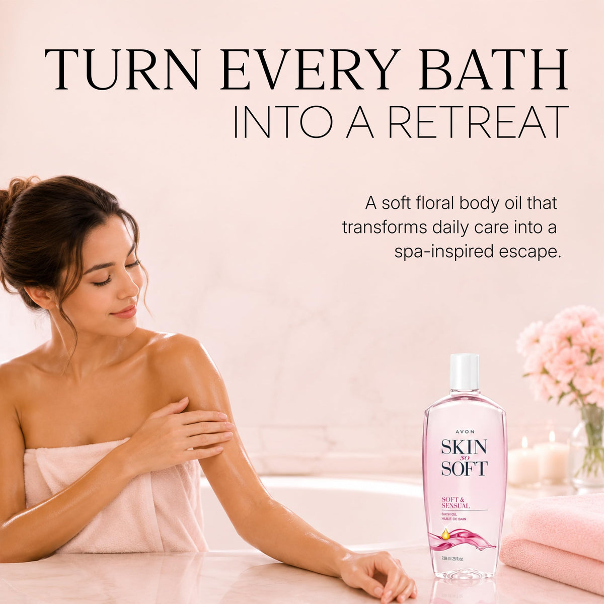 AVON Skin So Soft Soft & Sensual Bath Oil 25 oz with floral background