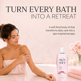 AVON Skin So Soft Soft & Sensual Bath Oil 25 oz with floral background