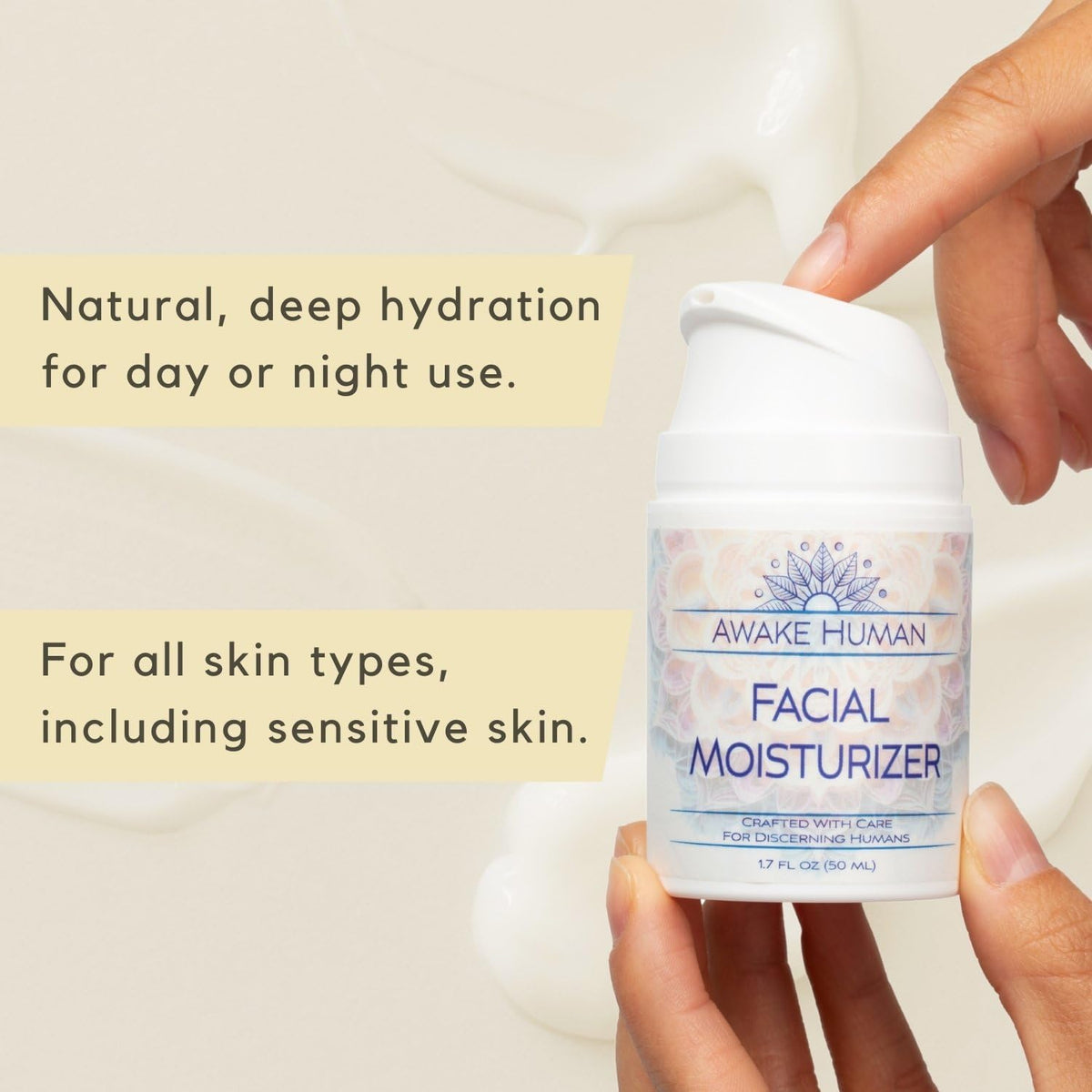 Awake Human Natural Face Moisturizer back view showing ingredients