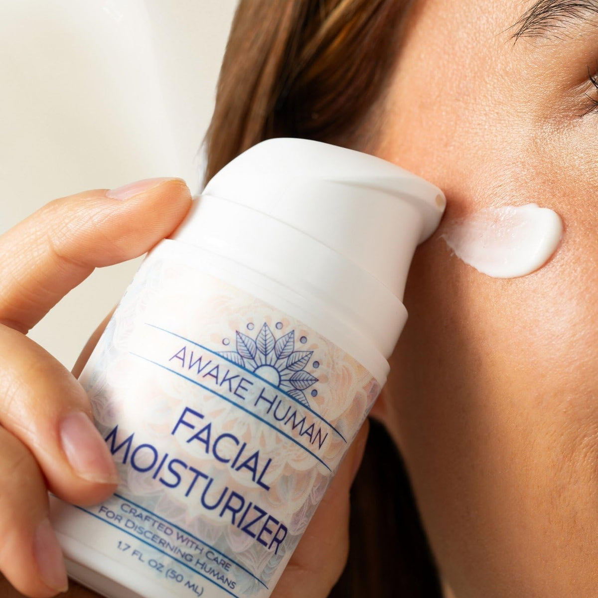 Awake Human Natural Face Moisturizer side view with airless pump