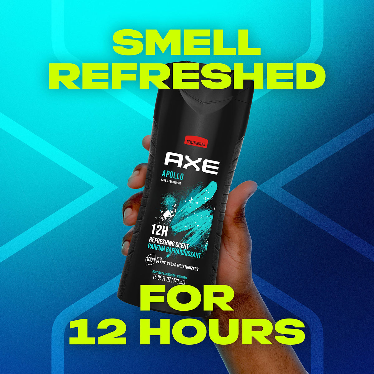AXE Apollo Body Wash 4 Count displayed on a bathroom shelf