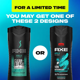 AXE Apollo Body Wash bottle close-up showing 100% recycled plastic