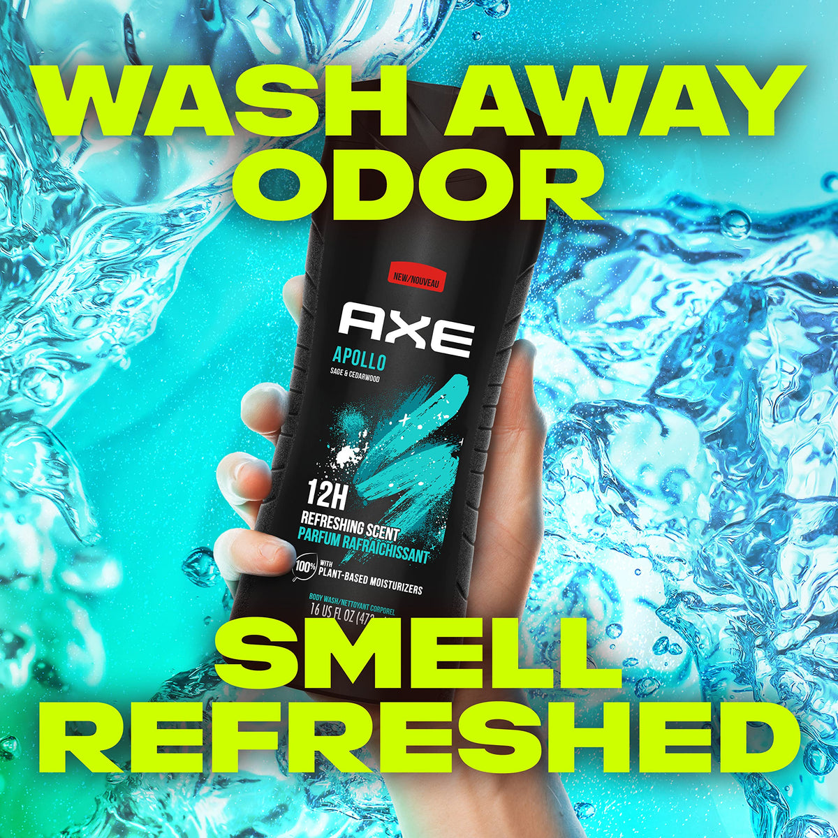 AXE Apollo Body Wash with sage and cedarwood background