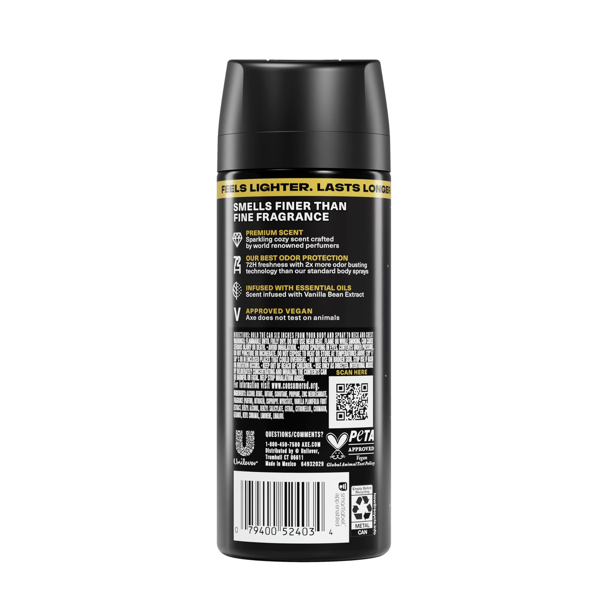 AXE Midnight Amber Body Spray back view with ingredients