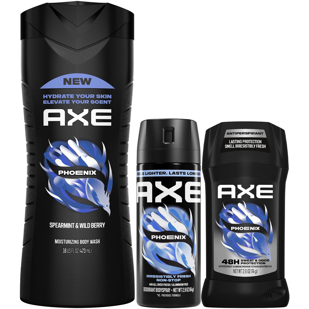 AXE Phoenix Men’s Body Care Set including body wash, deodorant stick, and body spray