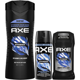 AXE Phoenix Men’s Body Care Set including body wash, deodorant stick, and body spray
