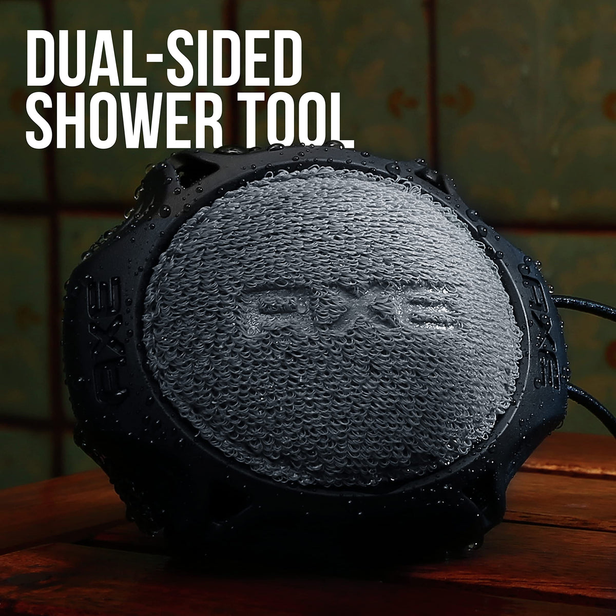 AXE shower tool with mesh side for lathering body wash