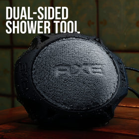 AXE shower tool with mesh side for lathering body wash