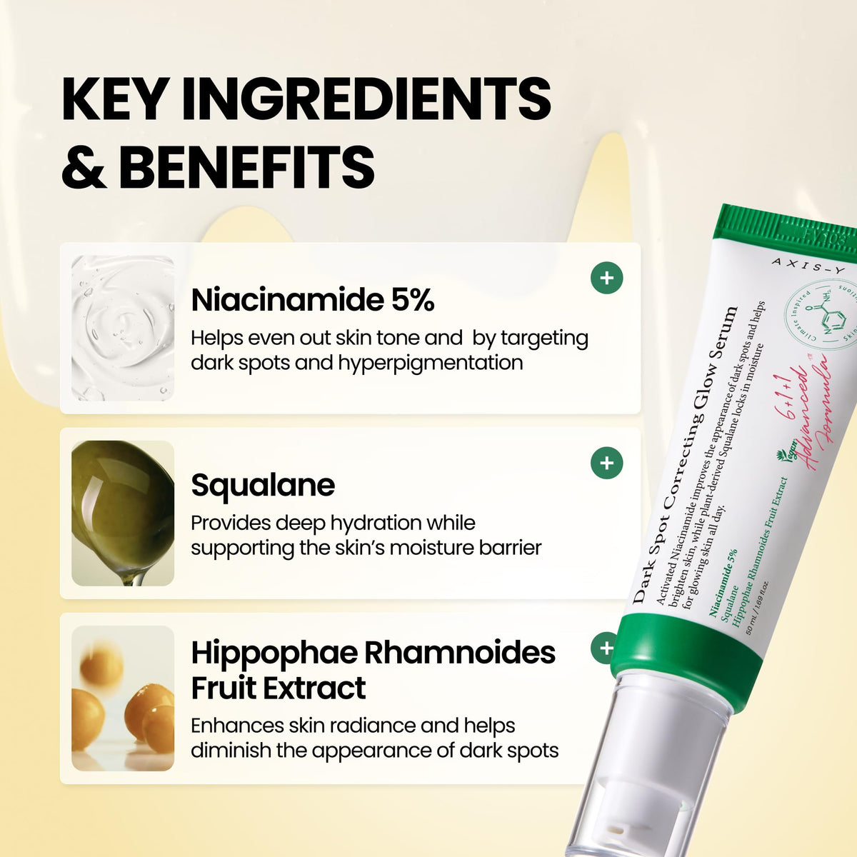 AXIS-Y Dark Spot Correcting Glow Serum back view showing ingredients