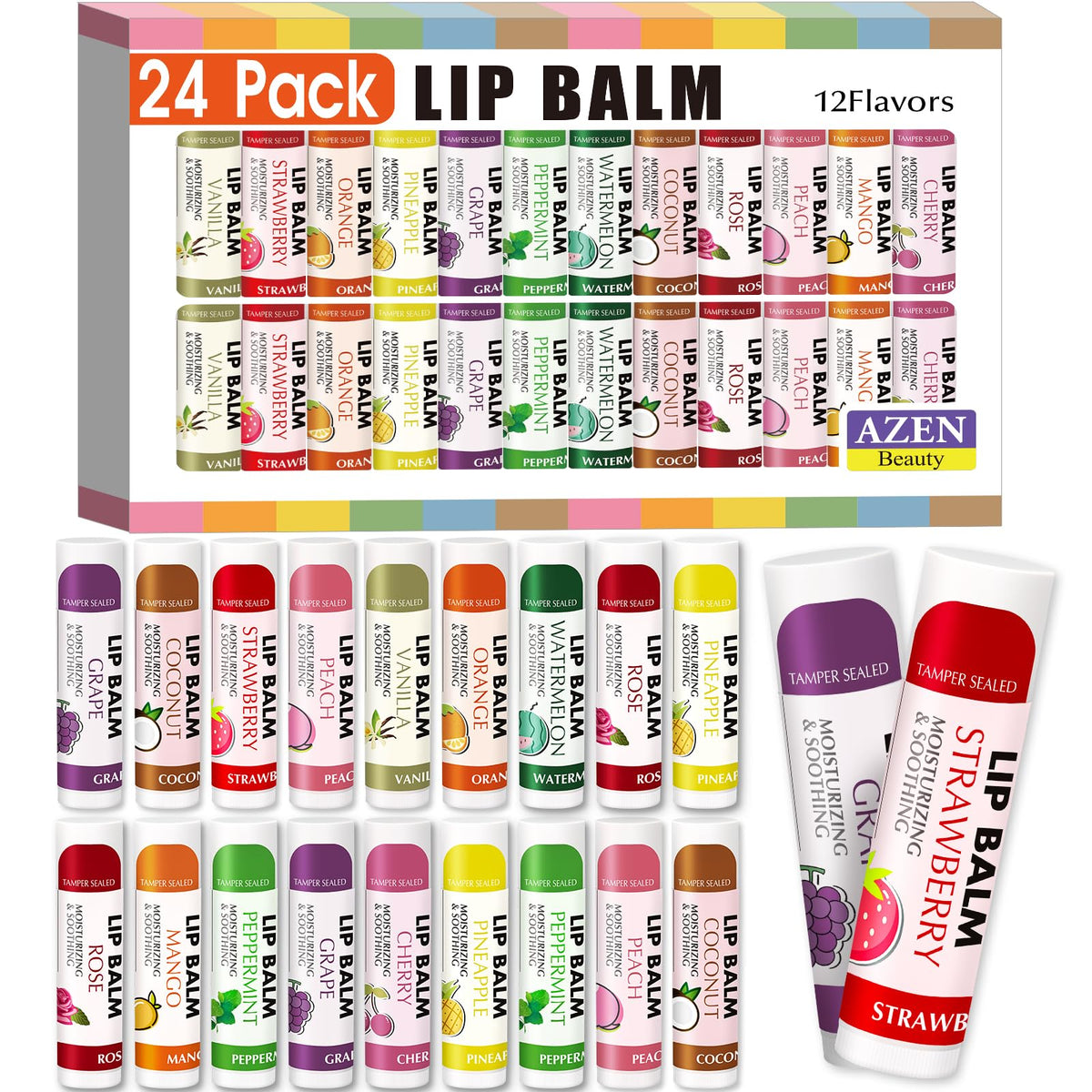 AZEN 24 Pack Lip Balm assorted flavours including Strawberry and Watermelon