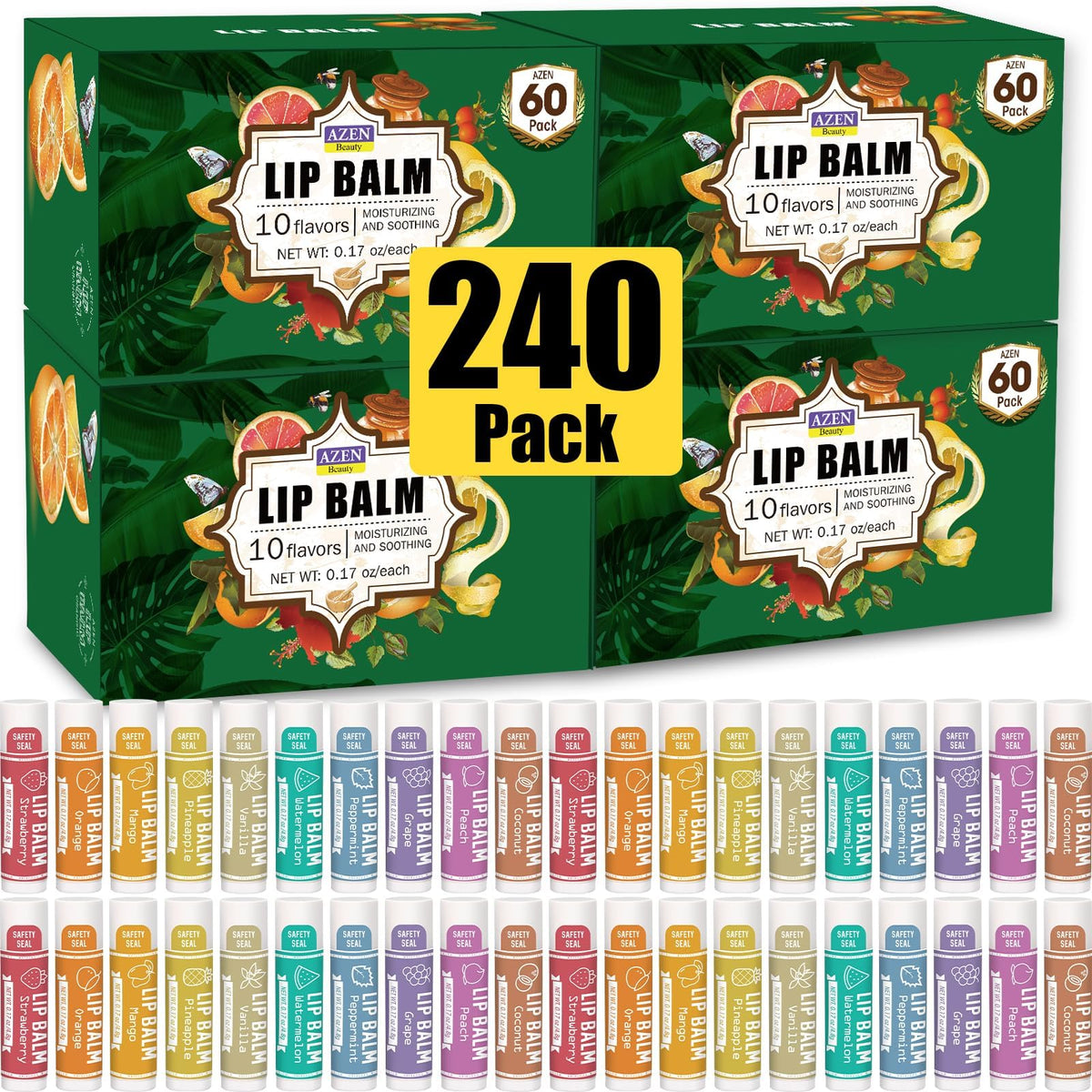AZEN 240 Pack Lip Balm assorted flavours front view