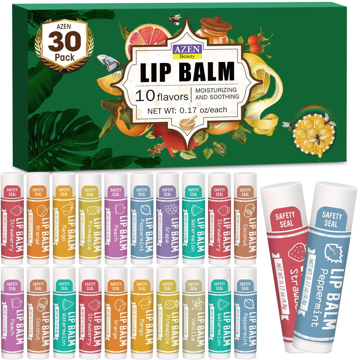 AZEN 30 Pack Lip Balm assorted flavours front view
