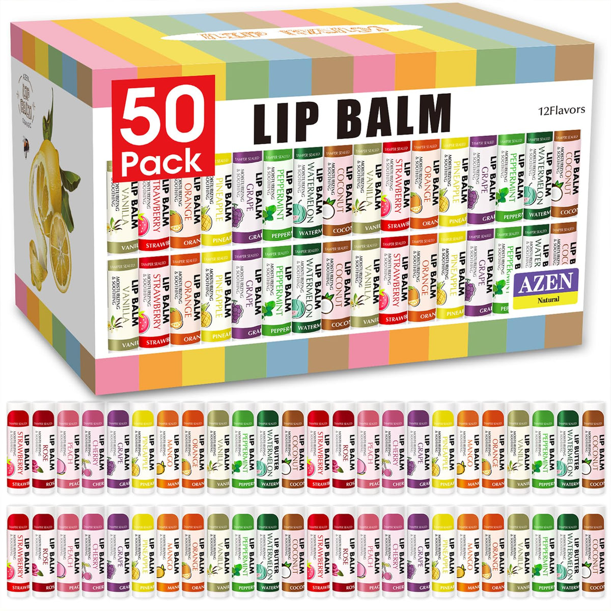 AZEN 50 Pack Lip Balm assorted flavours front view