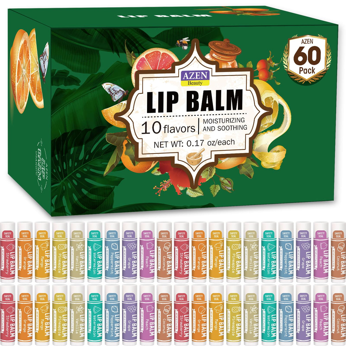 AZEN 60 Pack Natural Lip Balm assorted flavours front view