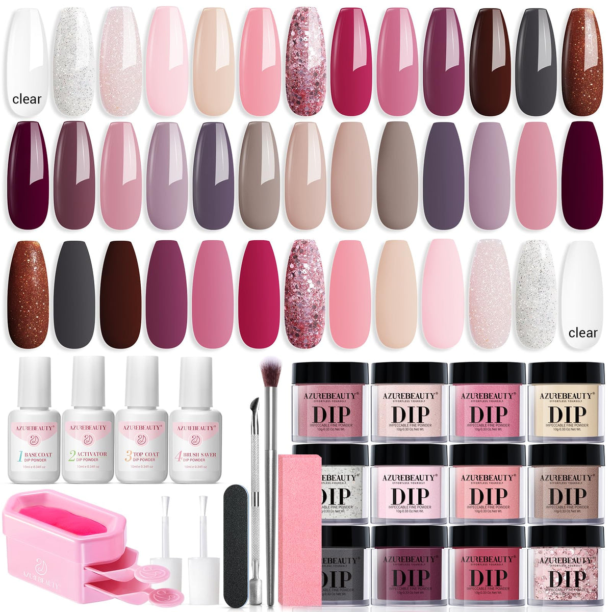 AZUREBEAUTY 31 Pcs Dip Powder Nail Kit with 20 colors and tools