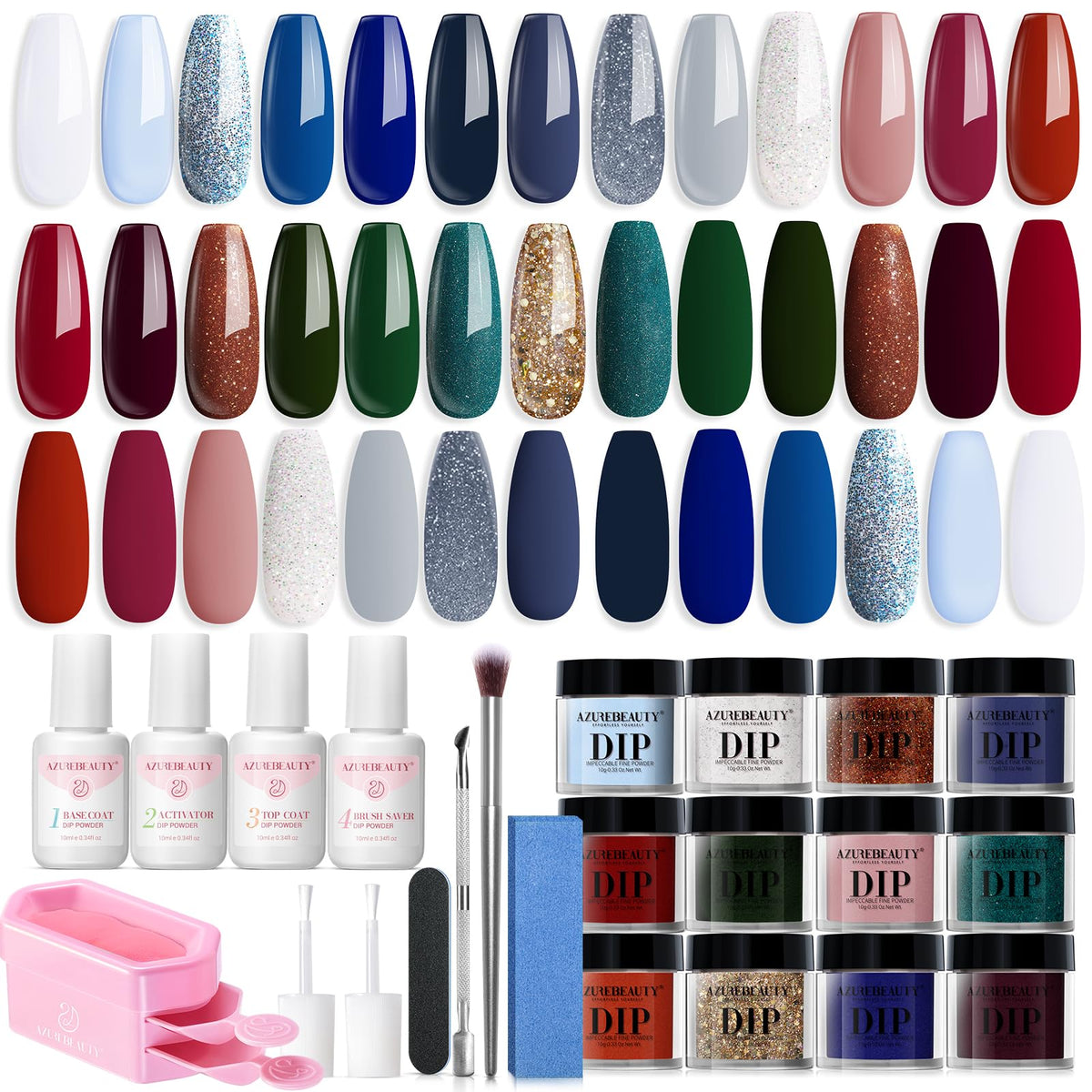AZUREBEAUTY 31Pcs Dip Powder Nail Kit front view with vibrant colours